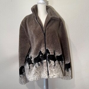 Vintage Horse Equestrian Fleece Jacket Full Zip Brown Made in USA Large